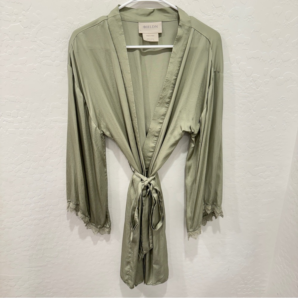 Bhldn Matine Silky Robe Long Sleeve Lace Trimmed Soft Olive Bridal Romantic